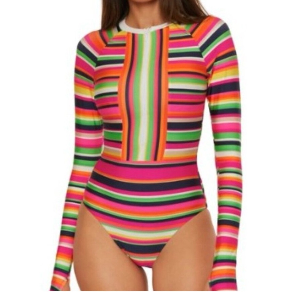 NWT TRINA TURK Size Large Half Zip 1-piece Stripe Paddle Suit Swimsuit $182